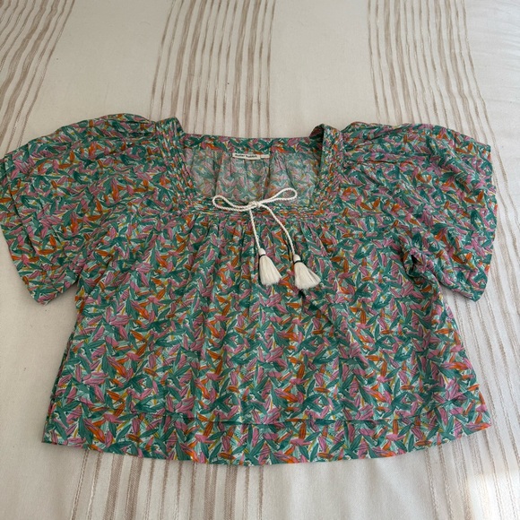 Roller Rabbit Teal Peri Willow Square Neck Tassel Tie Pleated Sleeve Size L - Picture 8 of 14